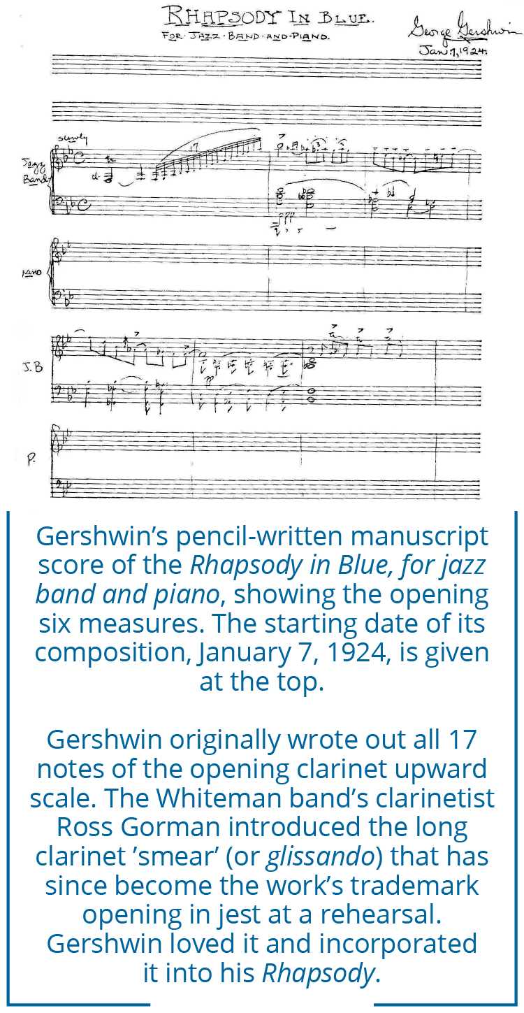 Gershwin’s pencil-written manuscript score of the Rhapsody in Blue, for jazz band and piano, showing the opening six measures. The starting date of its composition, January 7, 1924, is given  at the top.  Gershwin originally wrote out all 17 notes of the opening clarinet upward scale. The Whiteman band’s clarinetist Ross Gorman introduced the long clarinet ’smear’ (or glissando) that has since become the work’s trademark opening in jest at a rehearsal. Gershwin loved it and incorporated it into his Rhapsody.